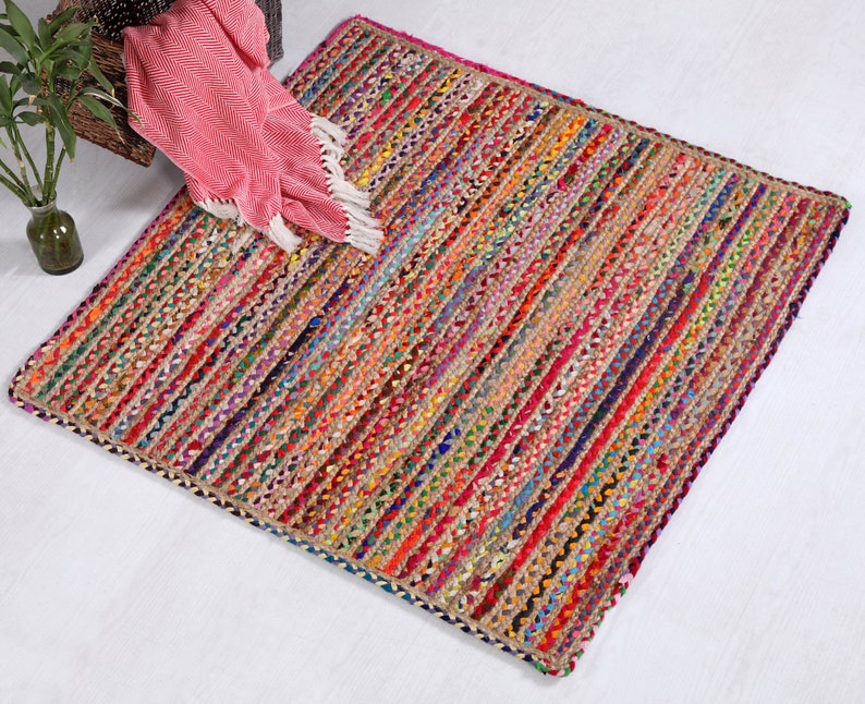 Square Braided Natural Rug Hand Woven Jute/Rug - Multicolor