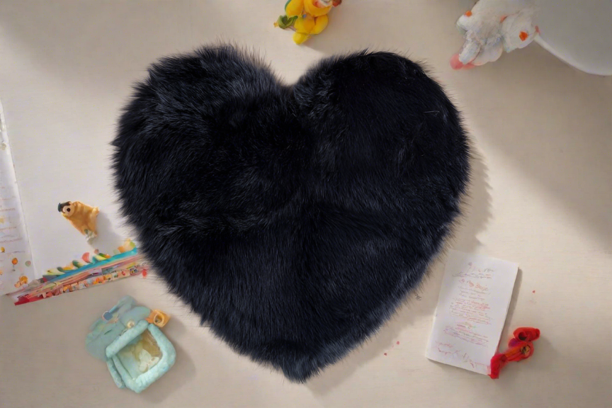 Black Heart Faux Fur Rug, Luxury Fluffy Area Rug - 80x80 cm