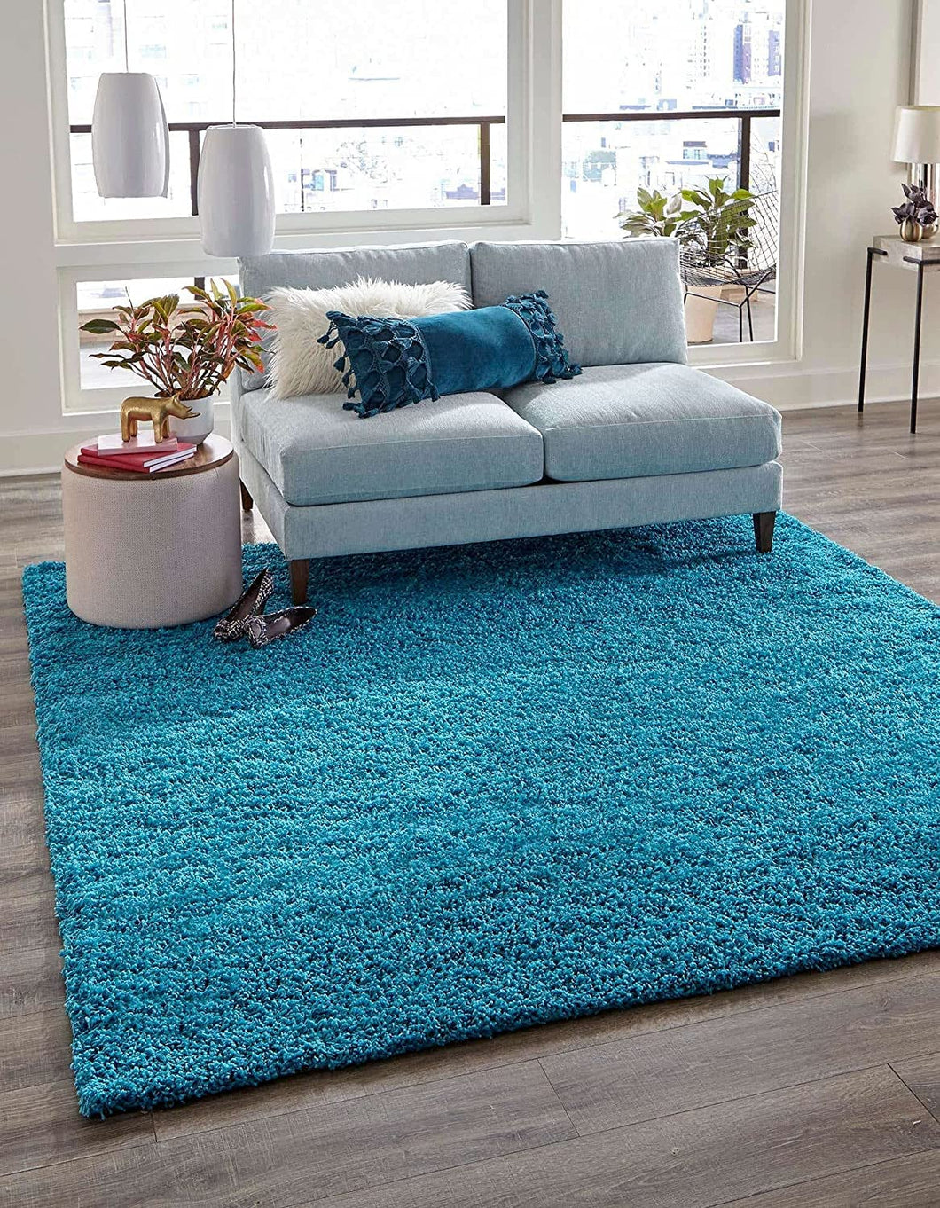 SOFT SHAG MOROCCAN TURQUOISE PLAIN AREA RUG