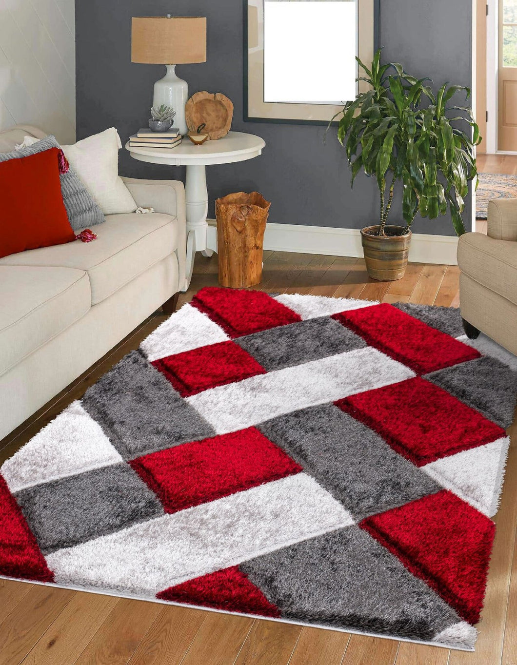 Red & Grey Multi Modern Premium Shaggy Rug