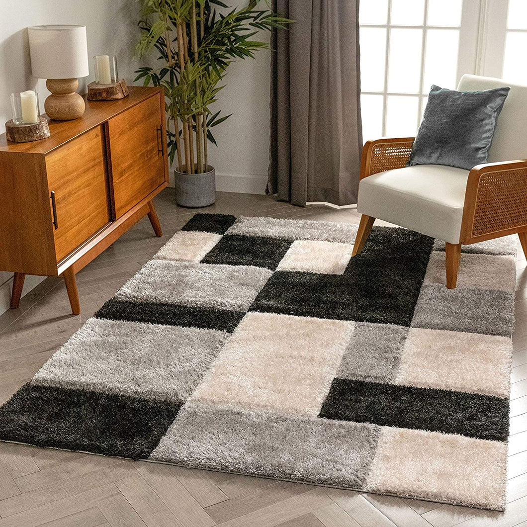 Black Grey Box 3D Stylish Modern Shaggy Rug