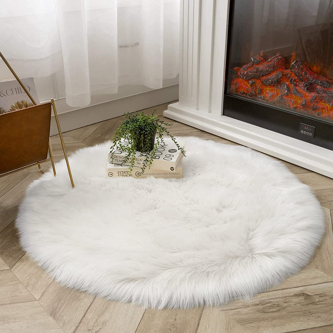 White Round Faux Fur Rug, Luxury Fluffy Area Rug - 80x80 cm