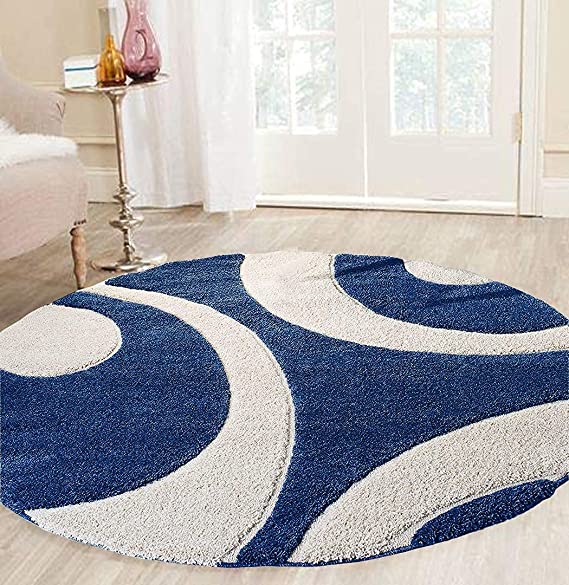 Blue & Ivory - Premium Soft Modern  Round Shaggy Rug