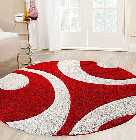 Red & Ivory - Premium Soft Modern  Round Shaggy Rug