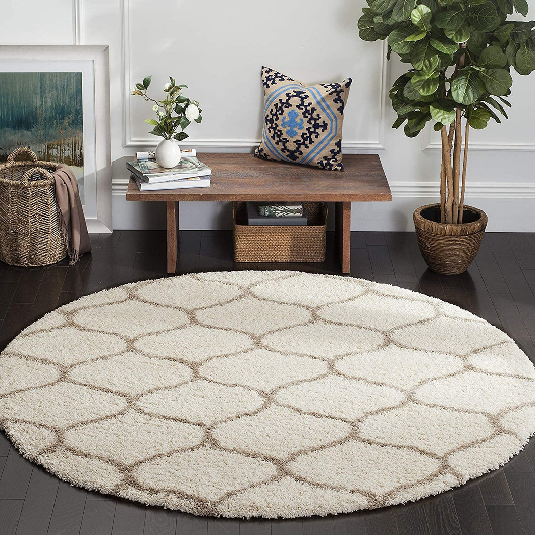 Beige with Ivory - Premium Soft Modern  Round Shaggy Rug