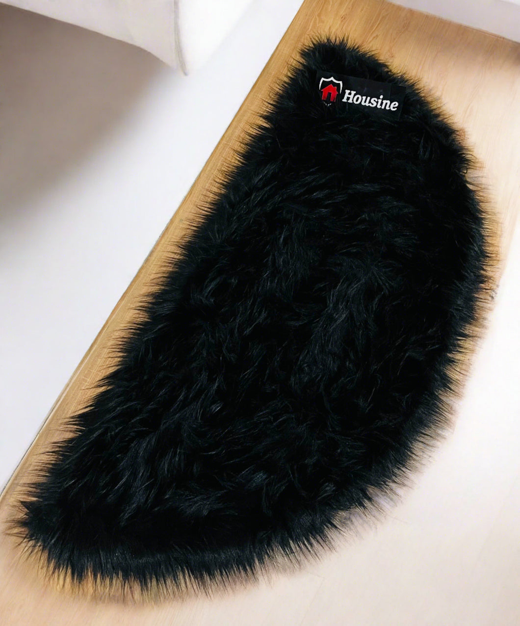 D Shape Bedside Faux Fur Runner, Luxury Fluffy Runner - 60x150 Cm - Black