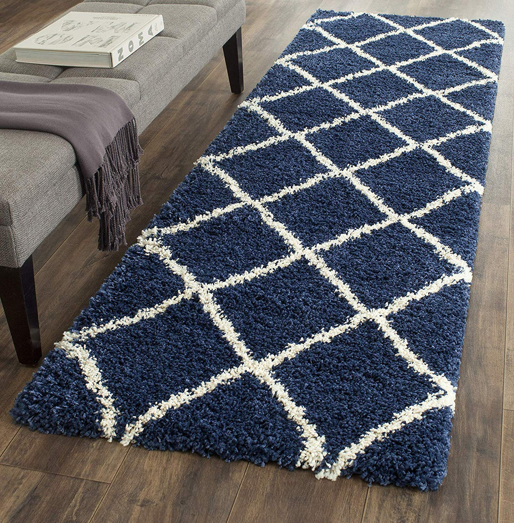 Blue & Ivory Plain Shaggy Bedside runner Rug