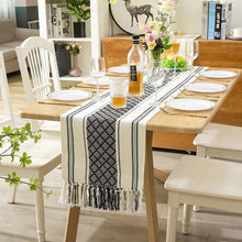 Load image into Gallery viewer, Boho Table Runner with Tassels 14 x 72 Inches Blue &amp; Cream

