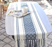 Load image into Gallery viewer, Boho Table Runner with Tassels 14 x 72 Inches Blue &amp; Cream
