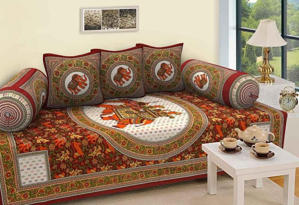 Jaipuri Cotton Brown Multi - 6 Pieces Diwan Set