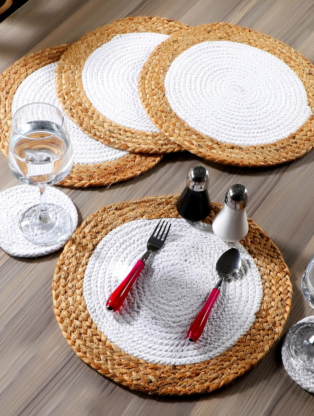 Natural Jute & White Hand Braided Table Mats - 15” Diameter - 38cm