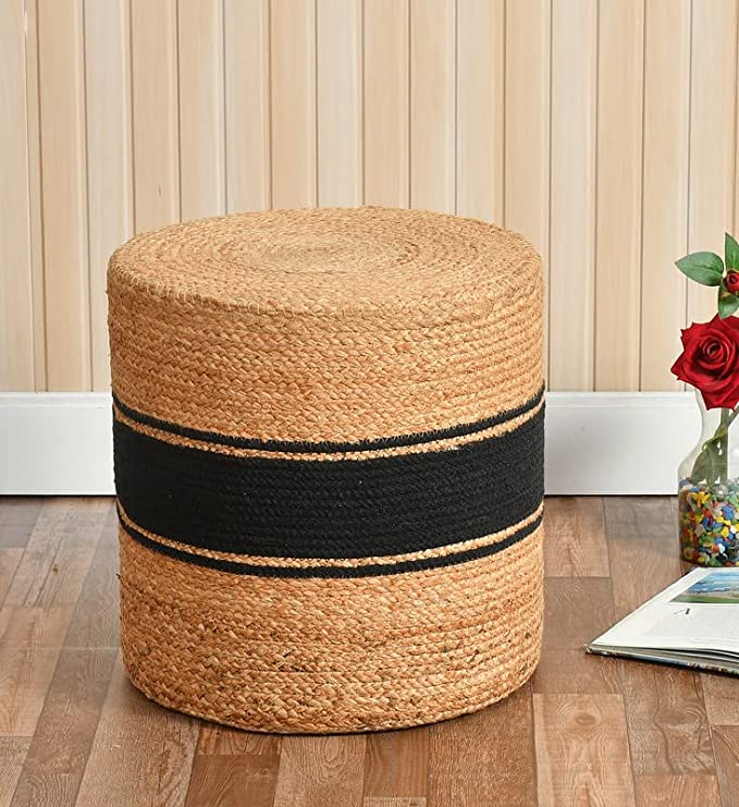 Black Cotton/Beige Jute Pouf/Ottoman