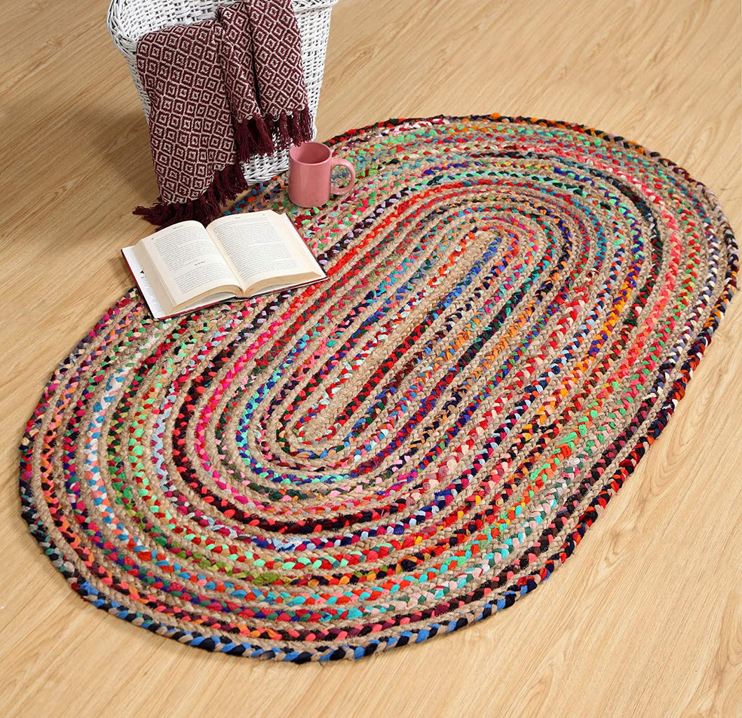 Multi color chindi/Jute Oval Collection Classic Hand Woven Area Rug
