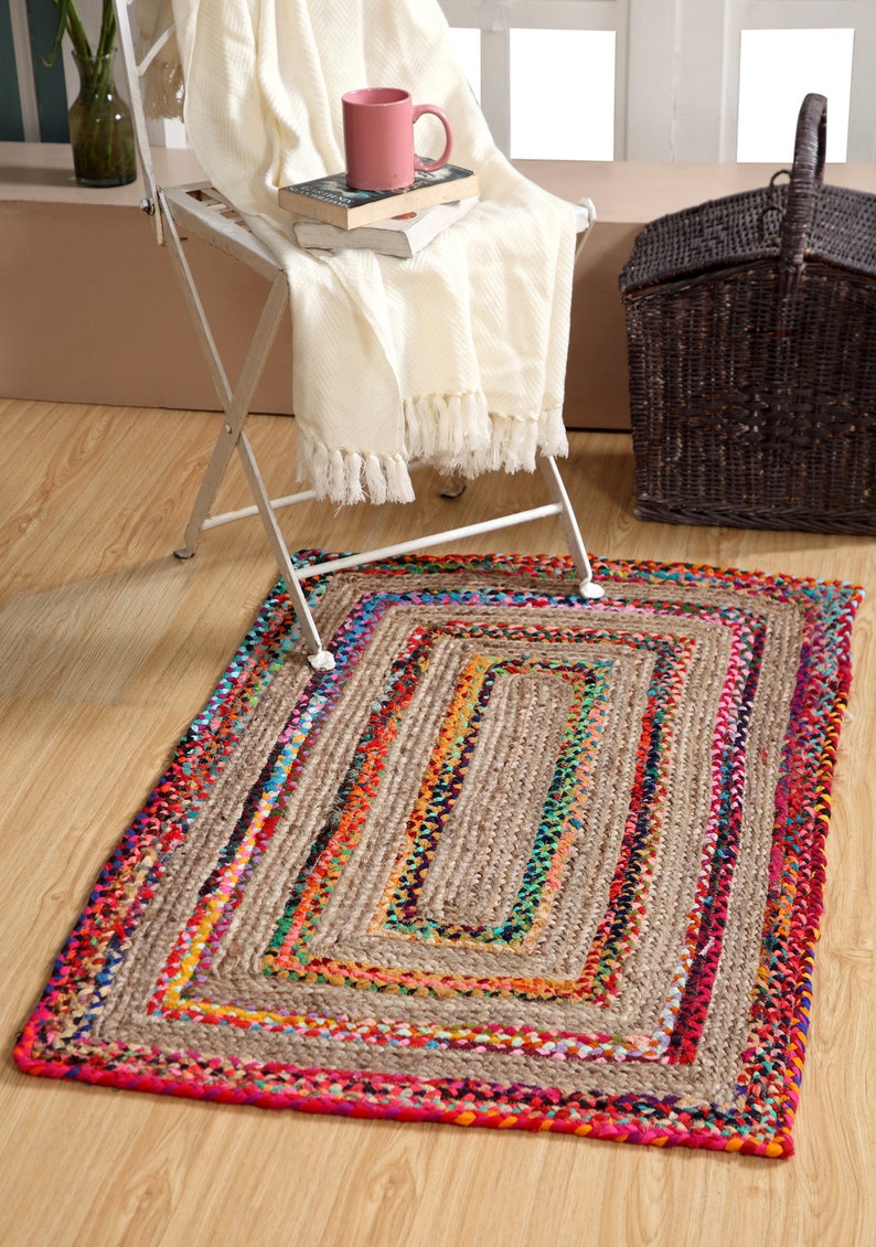 Braided Natural Jute & Multi Cotton Collection Classic Hand Woven Area carpet