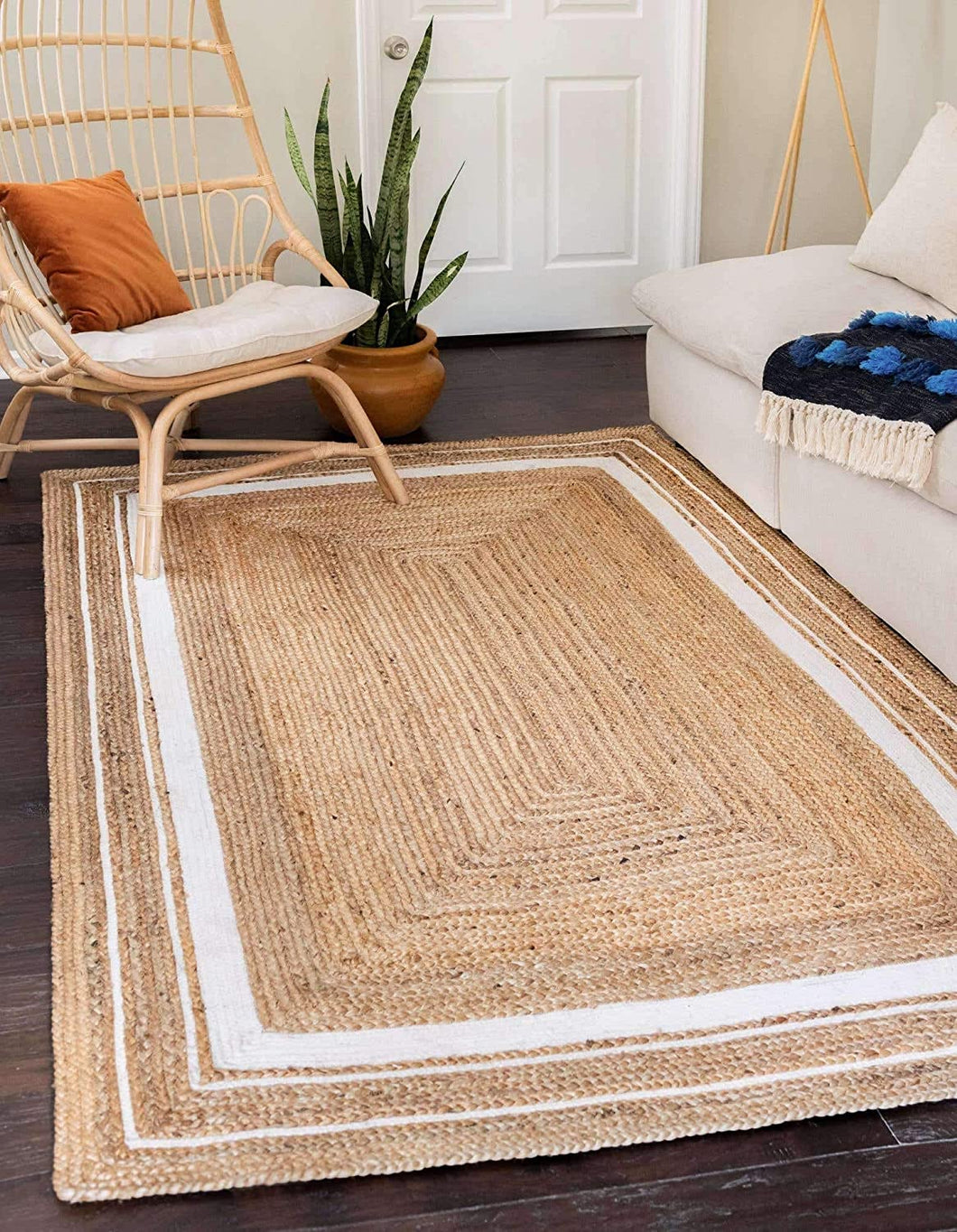 Braided Natural Jute with white Cotton Collection Classic Hand Woven Area Rug