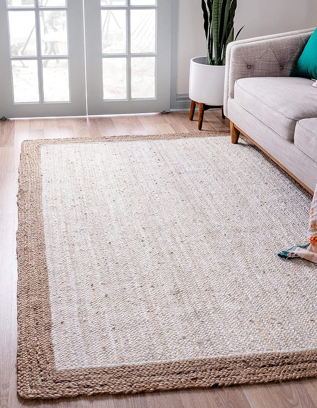 Braided Natural Jute with white Cotton Collection Hand Woven Area Rug