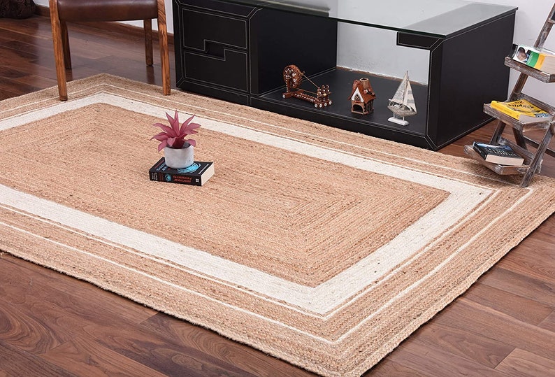 Braided Natural Jute With White Cotton Area Rug