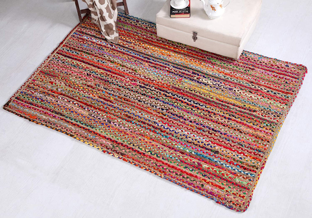 Braided Natural Jute With Multi Cotton Area Rug