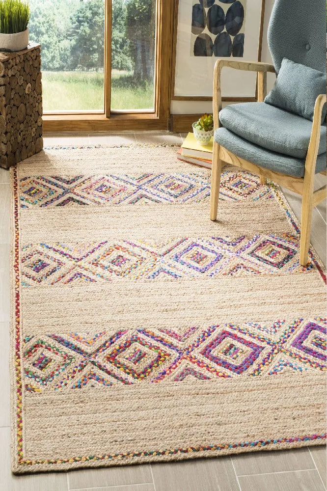 Braided Natural Jute Multi Cotton Diamond Design Area carpet