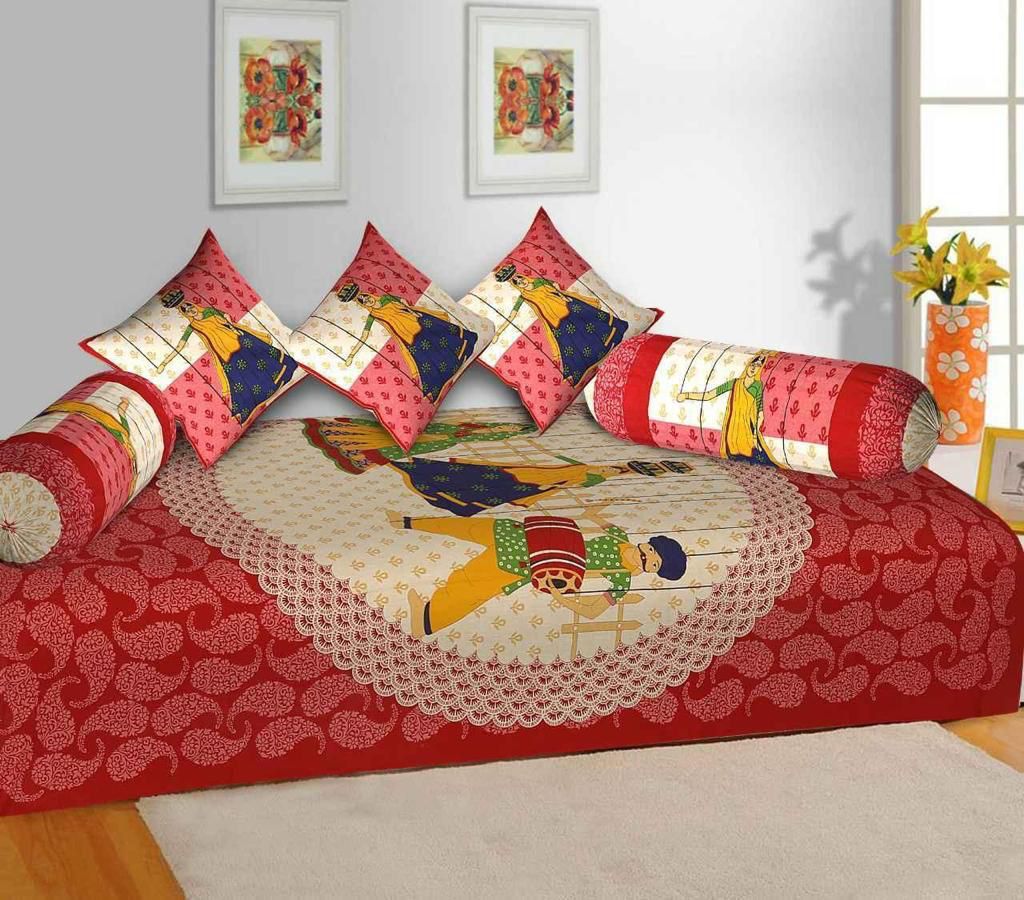 Jaipuri Cotton Multi Maroon- 6 Pieces Diwan Set