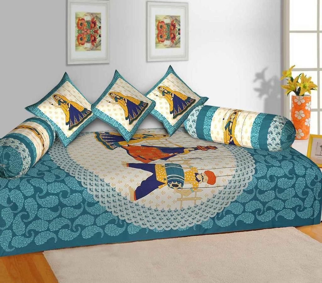 Jaipuri Cotton Multi Aqua - 6 Pieces Diwan Set