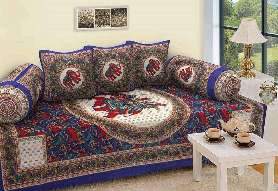 Jaipuri Cotton Multi Blue - 6 Pieces Diwan Set