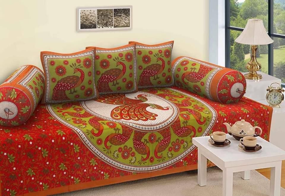 Jaipuri Cotton Red Multi - 6 Pieces Diwan Set