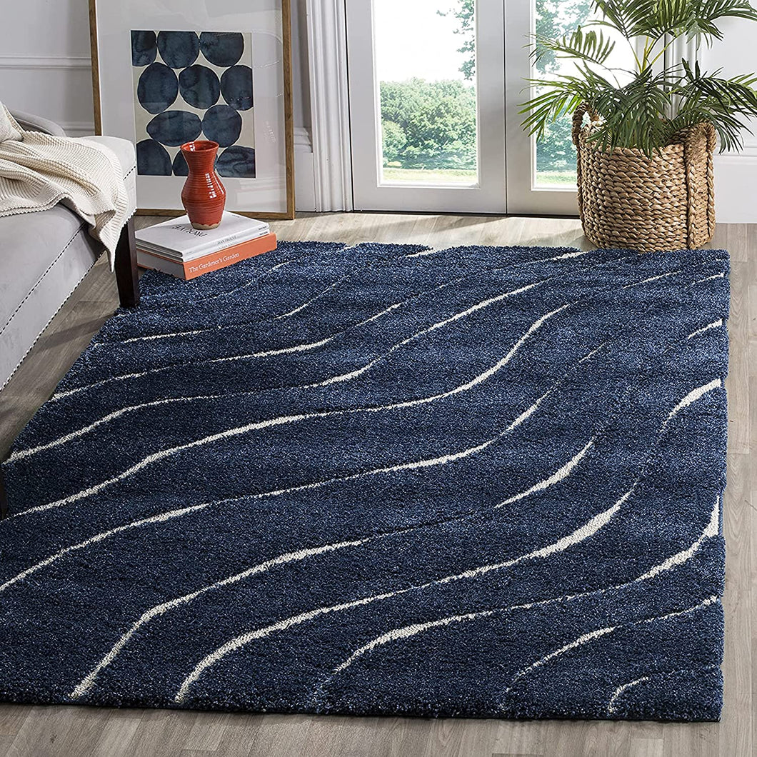 Navy Blue with white 3D Cut Collection Classical Look Shaggy Carpet