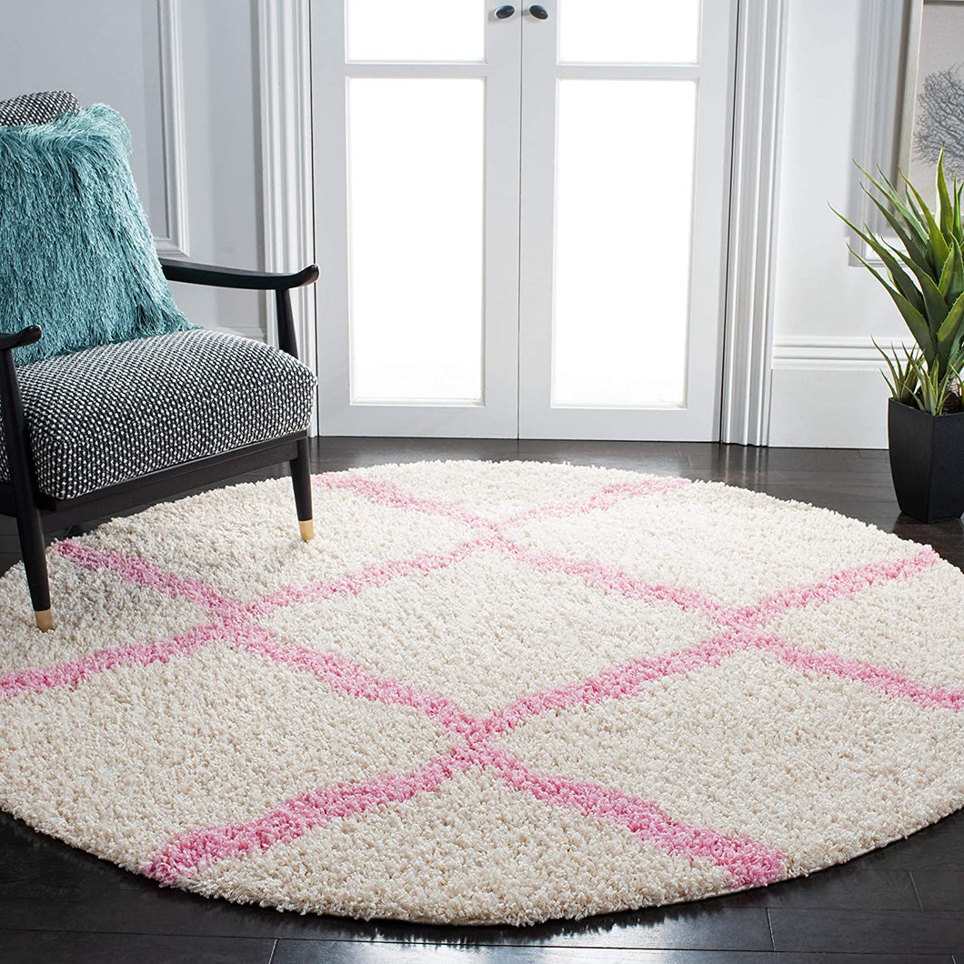 Pink & Ivory - Premium Soft  Round Shaggy Rug