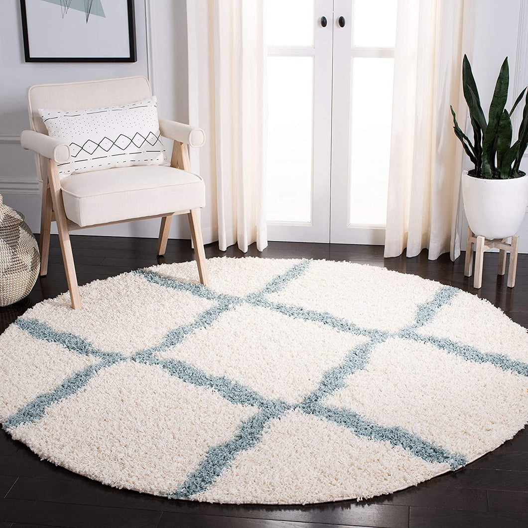 Turquoise  & Ivory - Premium Soft  Round Shaggy Rug