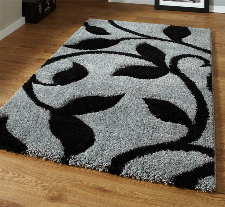 Black Leaf Modern Premium Shag Rug