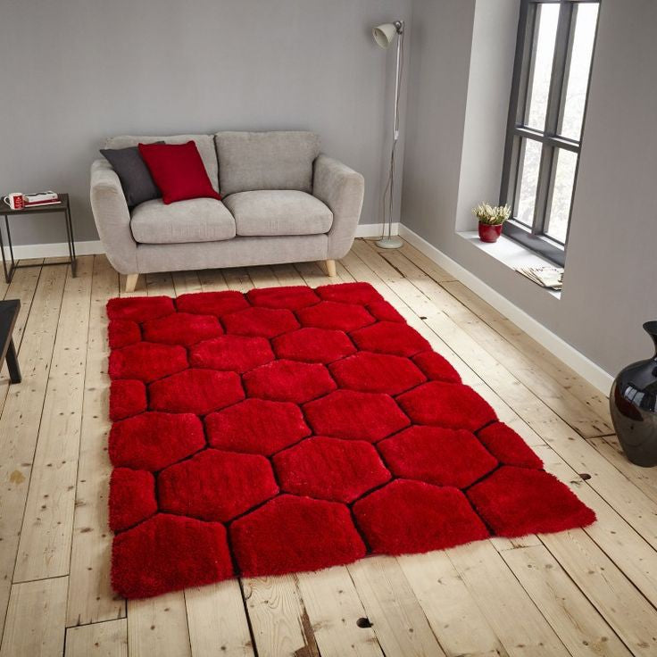 Red Hexagon Modern Shaggy Rug