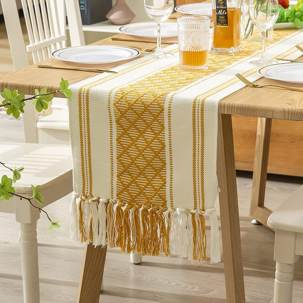 Boho Table Runner with Tassels 14 x 72 Inches, Mustard Yellow & Cream