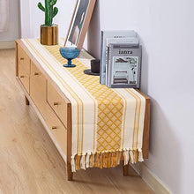 Load image into Gallery viewer, Boho Table Runner with Tassels 14 x 72 Inches, Mustard Yellow &amp; Cream
