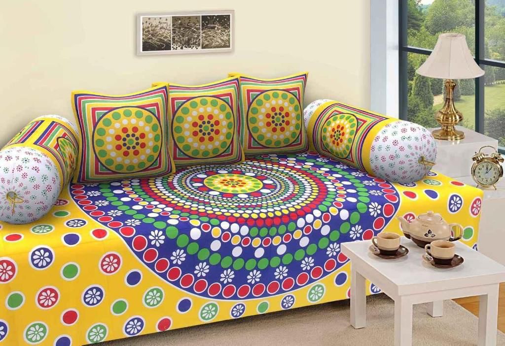 Jaipuri Cotton Yellow Polka Dot - 6 Pieces Diwan Set