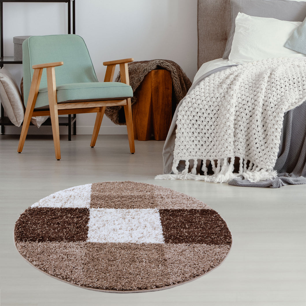 Brown with Ivory - Premium Round Shaggy Rug