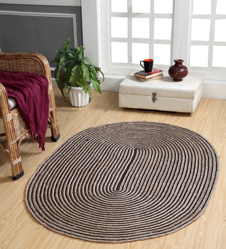 Jute With Black Cotton Oval Collection Classic Hand Woven Area Rug