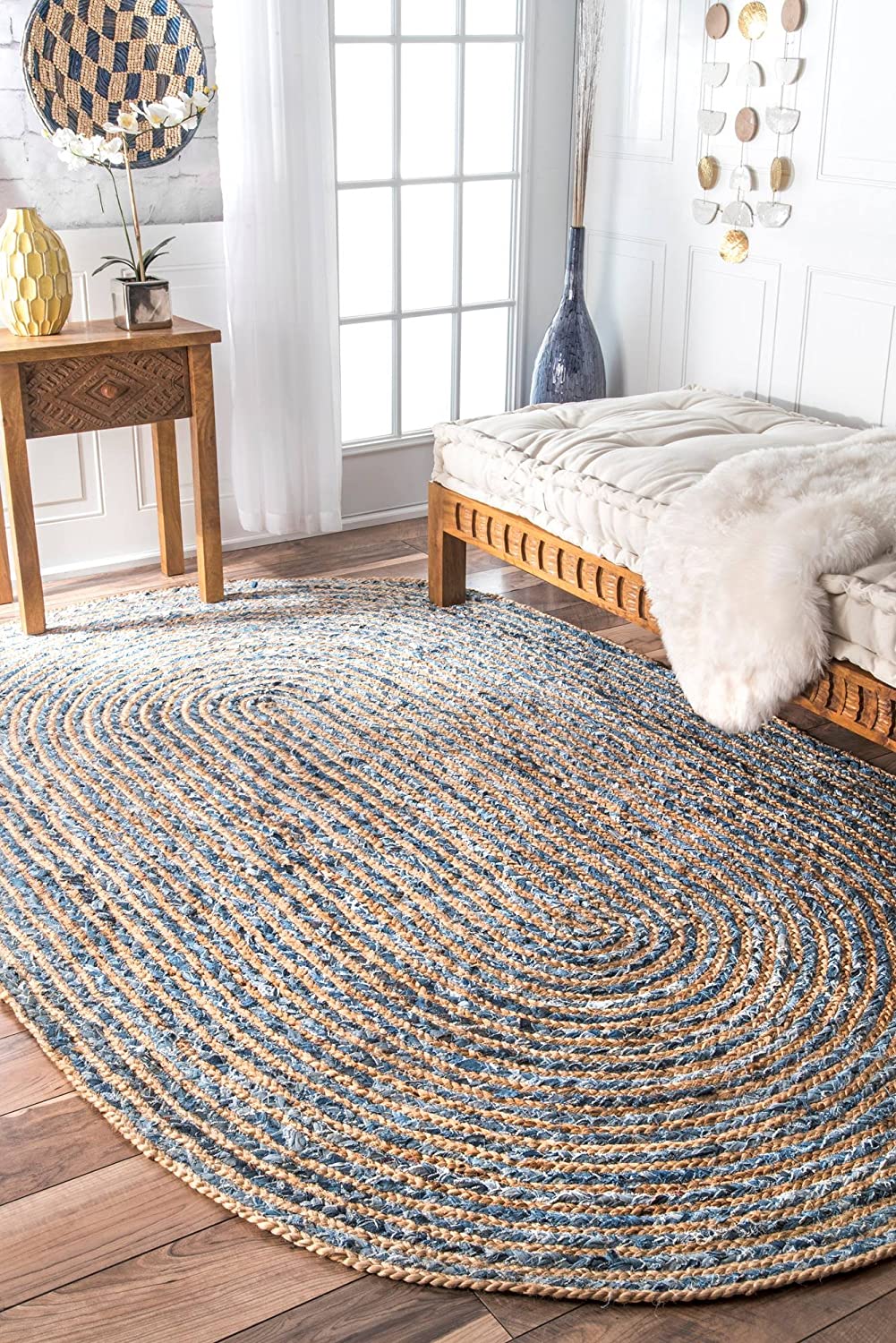 Braided Jute & Denim Oval Collection Classic Hand Woven Area Rug